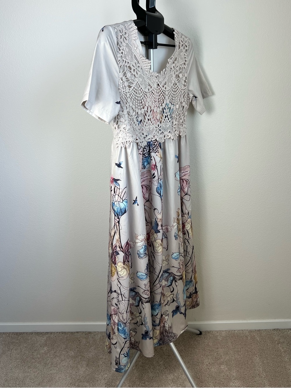Boho Floral Lace Midi Dress Large Whimsical Beige Cottagecore Prairie Flowy - Picture 2 of 9